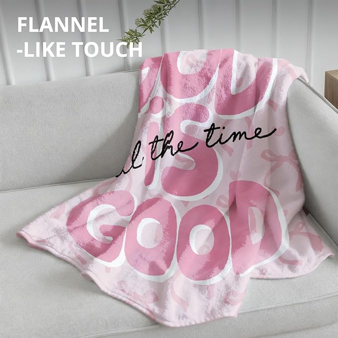 Preppy Pink Christian Blanket, God is Good All The Time Bible Verse Throw Blankets for Girly Room Bedroom Dorm Couch Bed Decor, Coquette Pink Bow Religious Scripture Blanket, 50x60 Inch