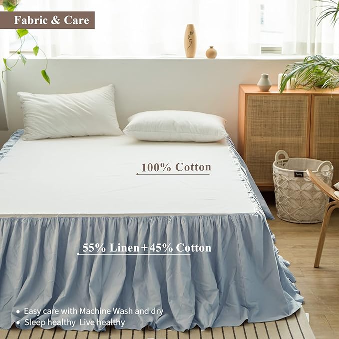 BISELINA French Linen Bed Skirt with Pleated Frills 14-Inch Tailored Drop Natural Flax Cotton Blend Dust Ruffle Soft Cozy Farmhouse Bedding (14" Full, Ruffle Dusty Blue)