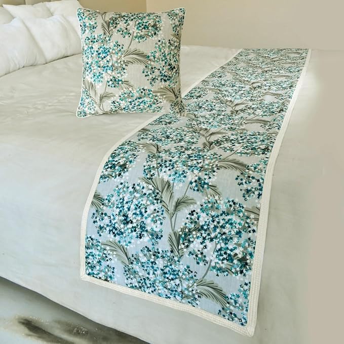 The HomeCentric King/Queen/Twin Blue Decorative Twin 53"x18" Bed Runner Without Pillow Cover, Cotton & Pearl Embroidery Bed Scarf on Cotton Fabric - Blue Star Fauna