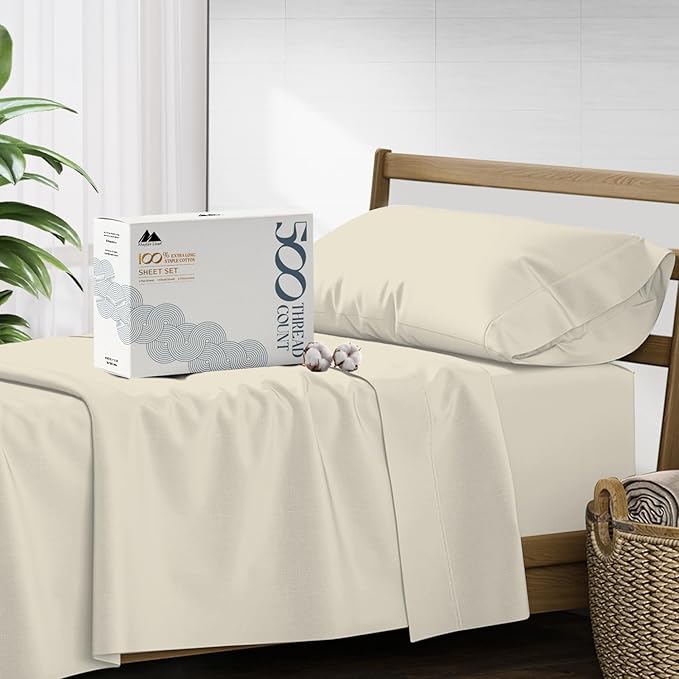 Mayfair Linen 100% Cotton Twin XL Sheet Set - 500 Thread Count Sheets Twin XL Size 3 PC Set (Ivory), Soft, Cooling, Hotel-Quality 16" Deep Pocket Sateen Weave Cotton Bedsheet for Dorm Room