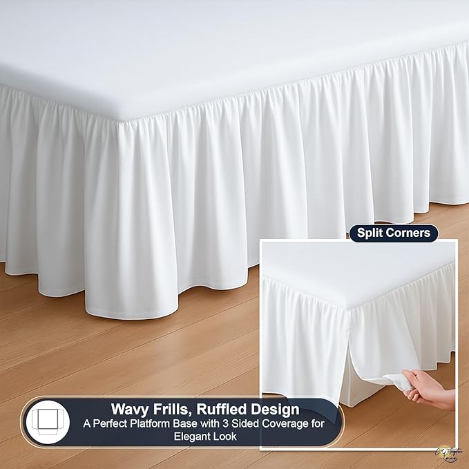 Cottington Lane Ruffled Bed Skirt Twin Size with Split Corner, Brushed Microfiber Hotel Quality White Dust Ruffle, 14 Inch Drop Gathered Bedskirt, Soft and Stylish, Shrinkage and Fade Resistant
