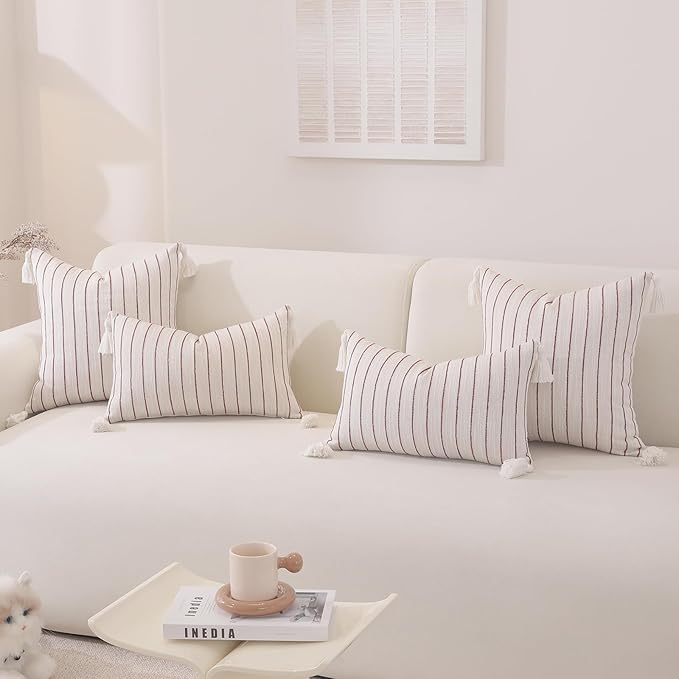 Decorative Boho Throw Pillow Covers 20x12 Inch Set of 2, Textured Linen Striped Lumbar Throw Pillows with Tassels, Soft & Cozy Farmhouse Decor Cushion Covers for Couch Bed Living Room