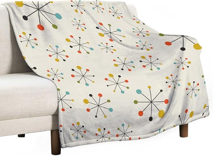 Mid Century Throw Blanket, Retro Abstract Geometric Pattern Boho 1950s 1960s Iconic Atomic Starbursts Modern Sputnik Print Blanket for Couch Sofa Bed Decorative Gifts 40"x50"