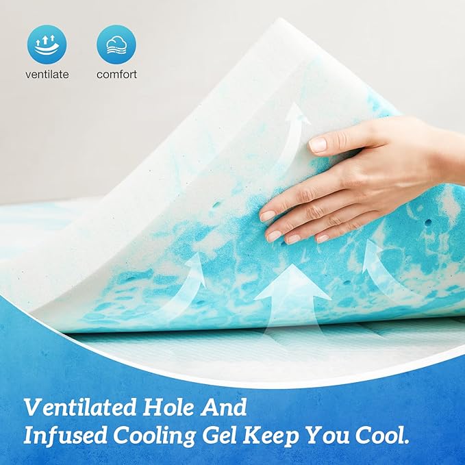 Sweetcrispy Mattress Topper King, 2 Inch Thick Memory Foam Gel Infused Cooling Toppers Pad for King Size Bed, Sleeper Sofa, RV, Camper, CertiPUR US Certified, Ventilated and Breathable