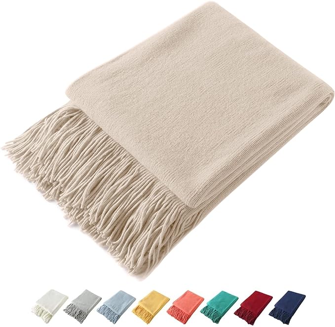 Homiest Decorative Knitted Throw Blanket with Fringe, Lightweight Acrylic Knit, Soft & Cozy Tassel Blanket for Couch, Sofa, Bed (Light Beige, 50 x 60 Inch)
