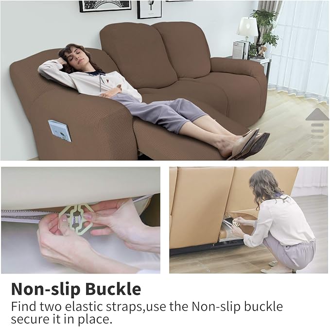 Easy-Going 6 Pieces Recliner Loveseat Stretch Sofa Slipcover Sofa Cover Furniture Protector Couch Soft with Elastic Bottom Kids, Spandex Jacquard Fabric Small Checks Brown