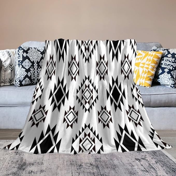 Boho Throw Blanket, Black and White Native Blankets, Vintage Tribal Aztec Printed Flannel Blanket for Chair Bed Sofa Couch 50"x60"