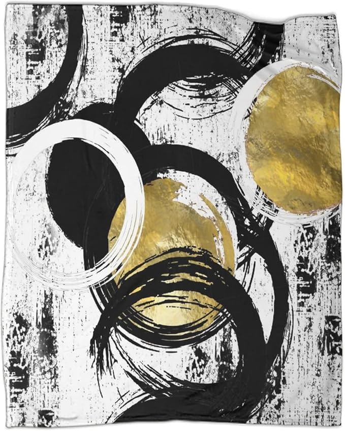 Black White Modern Abstract Fleece Blanket,Gold Ink Geometric Texture Oil Painting Art Soft Blanket 50x60inch(127x152cm) Lightweight Soft Cozy