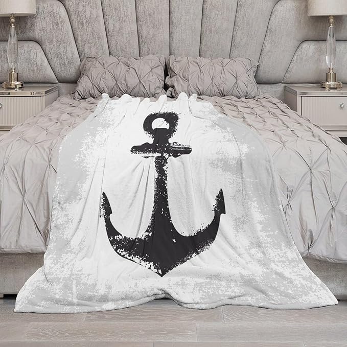 Nautical Anchor Blanket Modern Abstract Light Grey Black Anchor Art Print Soft Cozy Lightweight Throw Blanket for Women Men Bedroom Living Room Dorm Chair Sofa Travel 50x60in