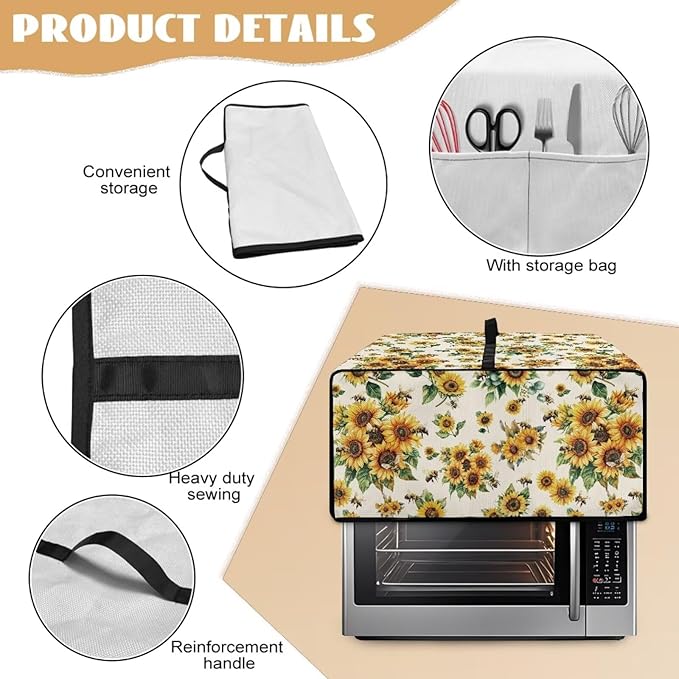 Sunflower Bee Print Toaster Oven Cover Dust-Proof Microwave Oven Cloth Cover with Storage Pockets Foldable Kitchen Machine Covers Case Protections Protector, M