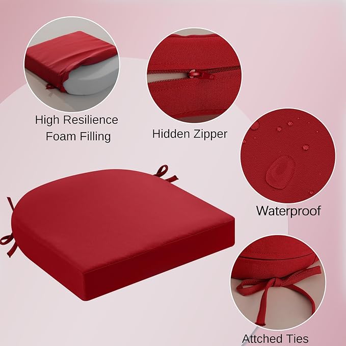 idee-home Outdoor Chair Cushions Set of 2, Thick 19" x 19" x 3" Outdoor Seat Cushions Patio Furniture Waterproof with Ties, Dining Pads