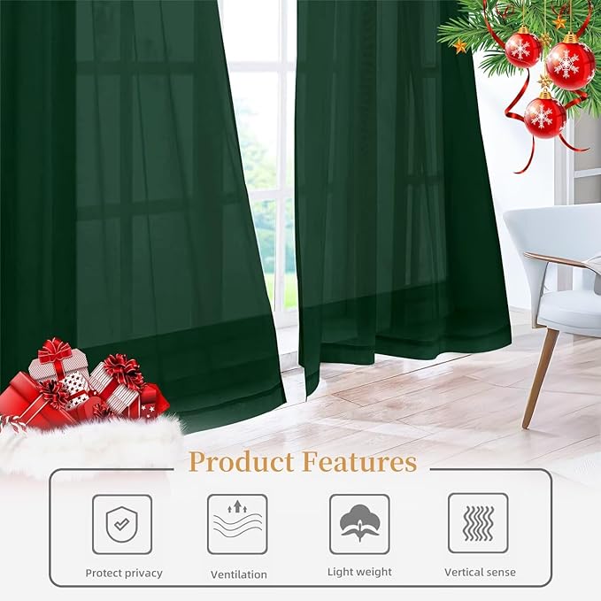 Sheer Curtains 72 Inches Long 2 Panels, Rod Pocket Short Curtain for Kitchen, Bedroom, Cafe Window(Foliage Green 38" W x 72" L)