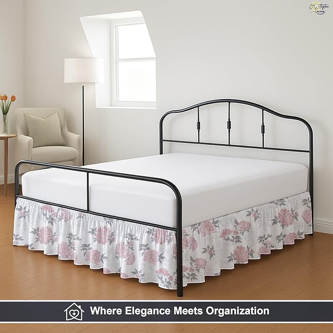 Cottington Lane Ruffled Bed Skirt Queen Size with Split Corner, Brushed Microfiber Hotel Quality Dust Ruffle, 12 Inch Drop Gathered Bedskirt, Soft, Stylish, Shrink & Fade Resistant, Blush Petals