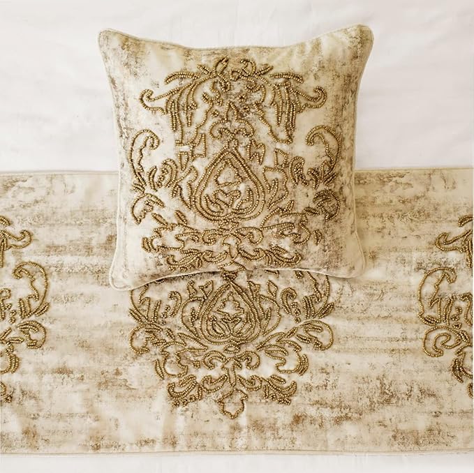 The HomeCentric King/Queen/Twin Ivory & Gold Designer Full 68"x18" Bed Runner Without Pillow Cover, Beaded & Foil Bed Scarf on Silk Fabric - Foil Damask Gold