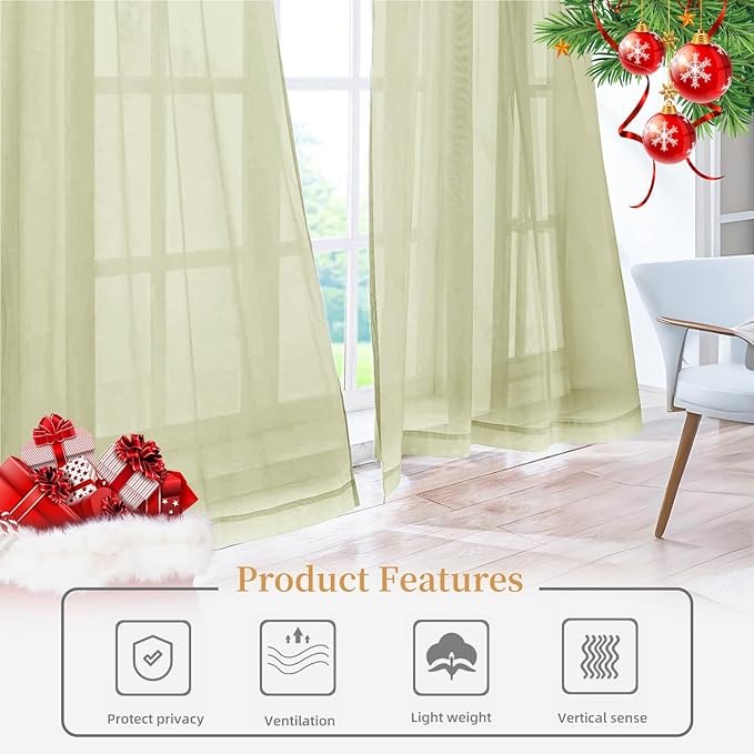 Sheer Curtains 84 Inches Long 2 Panels, Rod Pocket Short Curtain for Kitchen, Bedroom, Cafe Window(Sage Green 38" W x 84" L)