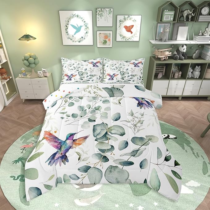 Erosebridal Cartoon Hummingbird Bedding Twin Toddler Wildlife Bird Comforter Set Twin, Plant Duvet Insert Eucalyptus Leaf Quilt Comforter, Jungle Animal Theme Bedding Comforters & Sets Kids Room Decor