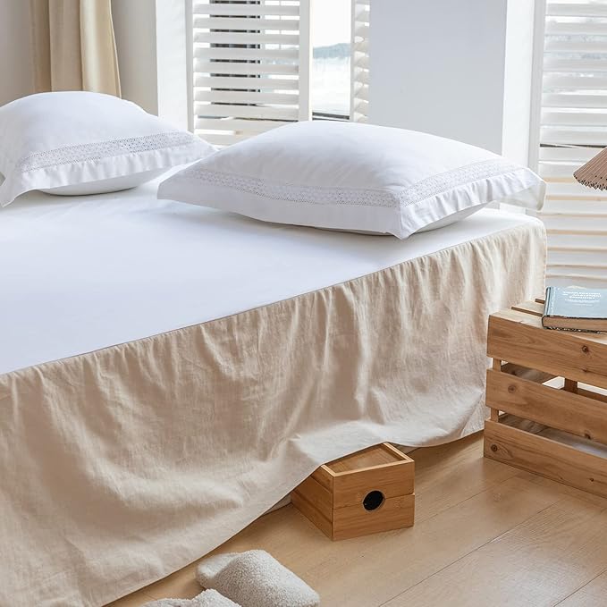 BISELINA French Linen Bed Skirt with Pleated Corner 18-Inch Tailored Drop Natural Flax Cotton Blend Basic Dust Ruffle Soft Cozy Farmhouse Bedding (18" Twin, Basic Linen)