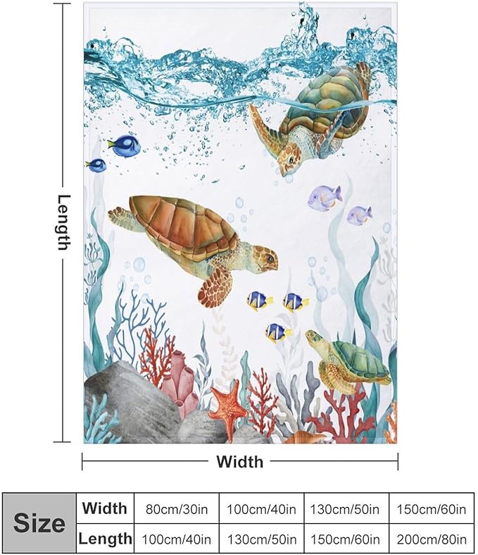 Sea Turtle Throw Blanket, Teal Blue Ocean Underwater Animal Starfish Fish Nautical Coastal Theme Fleece Flannel Blanket for Couch Sofa Bedroom Adults Kids, 30"x40"