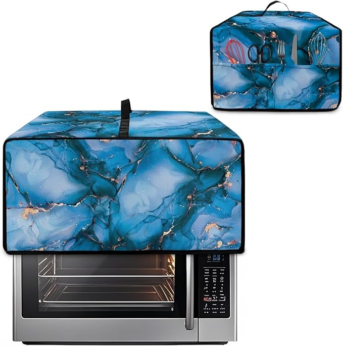 Toaster Oven Dust Cover with Storage Pockets, Dust Protection Smart Oven Cover for Kitchen Countertop Home Decor, L, 18.5 x 22.5 x 13 Inches, Blue Gold Marble
