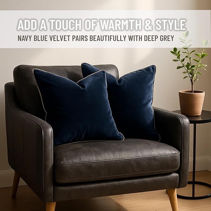 2 Pack Velvet Decorative Throw Pillow Covers, 12"x20", Navy Blue and Grey, Solid, Modern, Contrast Piping, Indoor Use, Bedroom & Living Room