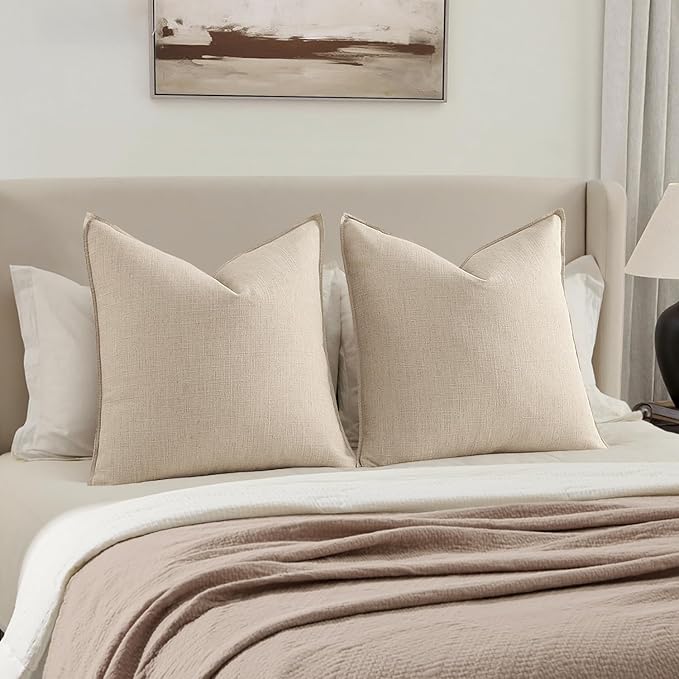 MIULEE Decorative Euro Sham Pillow Covers 26x26, 2 Pack Large Boho Farmhouse Neutral Throw Pillows for Bed, Thick Textured Modern Linen Cushion Cases Couch Sofa Living Room Home Decor, Natural Beige