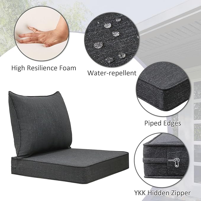 Outdoor Patio Chair Cushions Set, 24" x 24", Set of 2, Water-Repellent, Fade Resistant, Deep Seat Bottom and Back Cushion for Backyard, Couch, Sofa and Patio Furniture, Charcoal