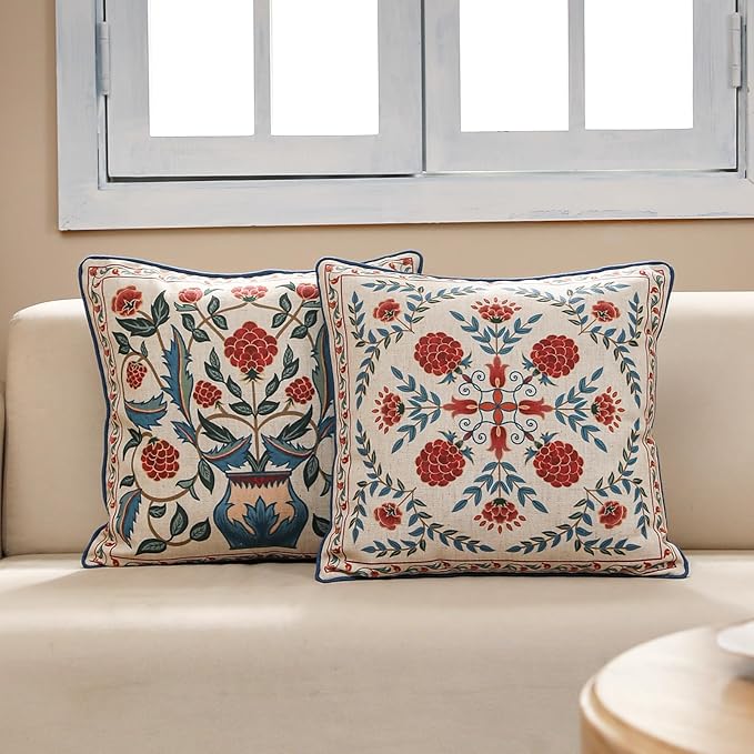 patdrea Designer Throw Pillow Covers,Square Brilliant Vintage Red Tropical Linen with Floral Pattern Pillow Cover,Decorative Pillowcases Cushion for Bed Living Room Outdoor Car,18"x18"