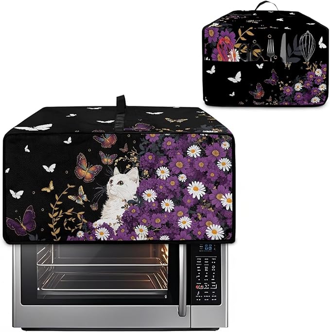 Toaster Oven Cover with Side Pockets, Dustproof Smart Microwave Convection Oven Cover with Handle, for Kitchen Decor, L, 18.5" x 22.5" x 13", White Cat Violet Daisy Butterfly Black