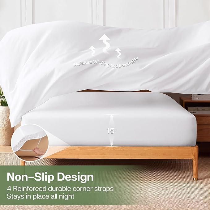 MR&HM Queen Fitted Sheet Only, Ultra-Soft Rayon Derived from Bamboo & Polyester Blend, Silky & Breathable, 15" Deep Pocket with Elastic Straps, Cooling Fitted Sheet for Hot Sleepers, White