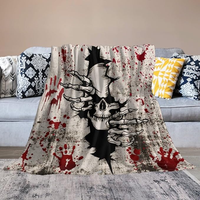 Horror Skull Throw Blanket, Halloween Day of The Dead Vintage Gothic Scary Blood Hand Soft Warm Fleece Blanket for Bed Couch Living Room All Season, 60"x80"