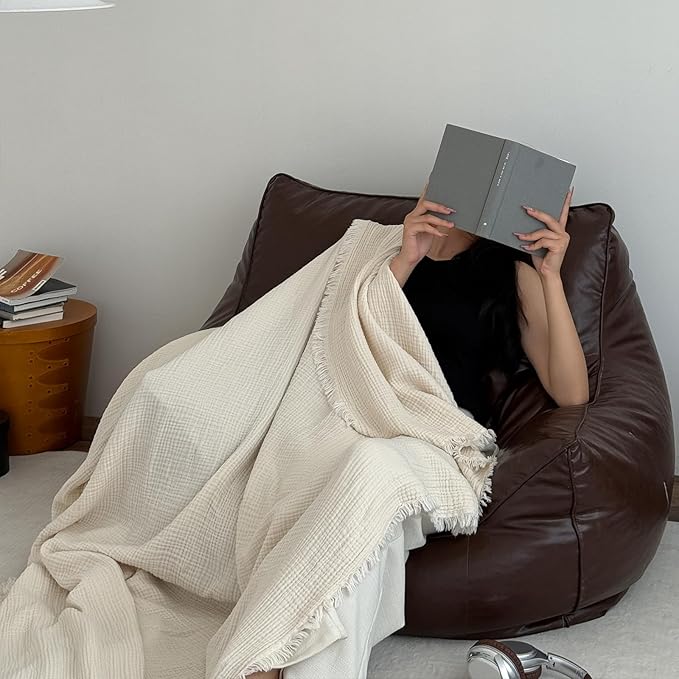 MorroMorn 100% Cotton Muslin Throw Blanket with Fringes 50"x60", 4-Layer Cotton Gauze Blankets for Adults, Boho Bedding Breathable Lightweight Ultra-Soft for Couch Bed Sofa All Seasons, Linen Beige
