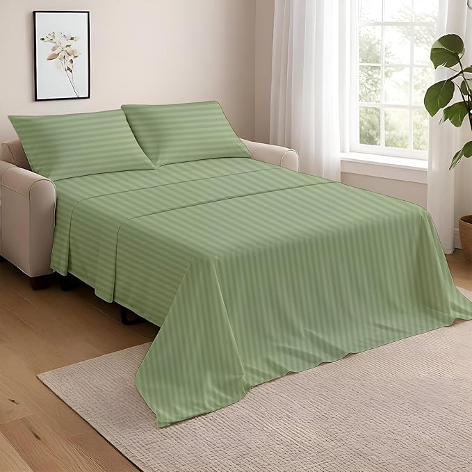 NON Sticky cotton Twin Size Sleeper Sofa Sheets, 4 Piece Egyptian Cotton Bed Sheet Set for Sofa Bed, 10" Deep Pocket for Pull Out Couch Mattress, 39" x 75", Sage Stripe, Soft & Breathable