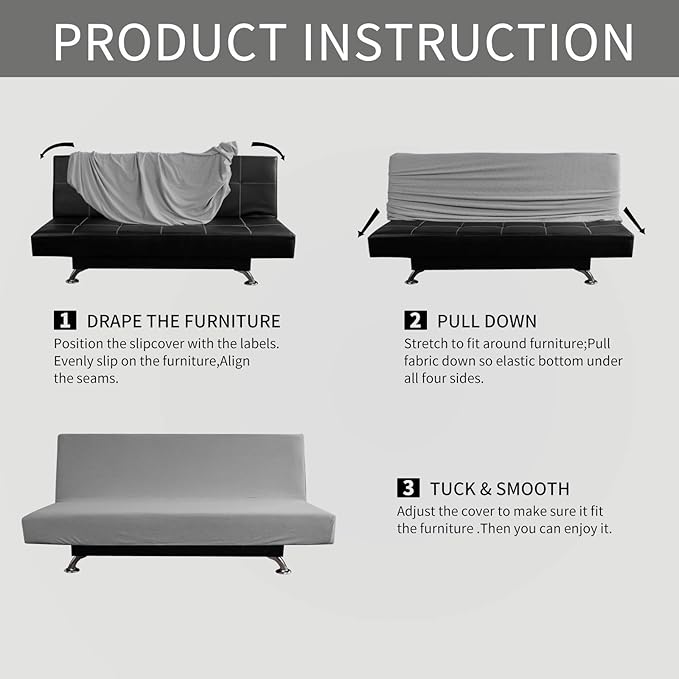 Easy-Going Stretch Futon Slipcover Armless Futon Bed Cover Furniture Protector Without Armrests with Elastic Bottom for Kids, Soft Jacquard Fabric Small Checks (Medium, Light Gray)