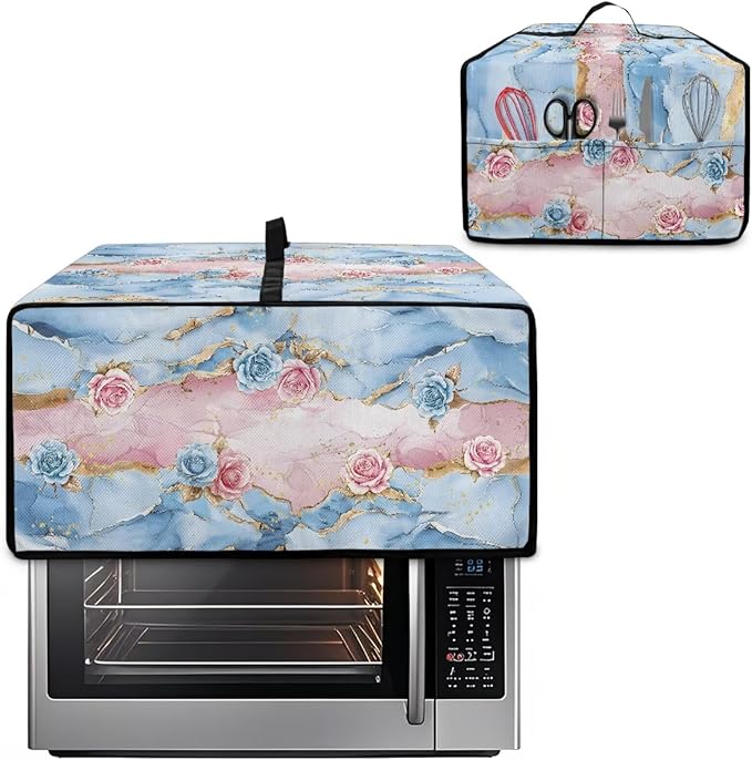 Rose Marble Texture Print Microwave Oven Grill Cover Protector Polyester-Linen Fabric Microwave Oven Dust Cover with Storage Bags Case Protections for Toaster Oven, S