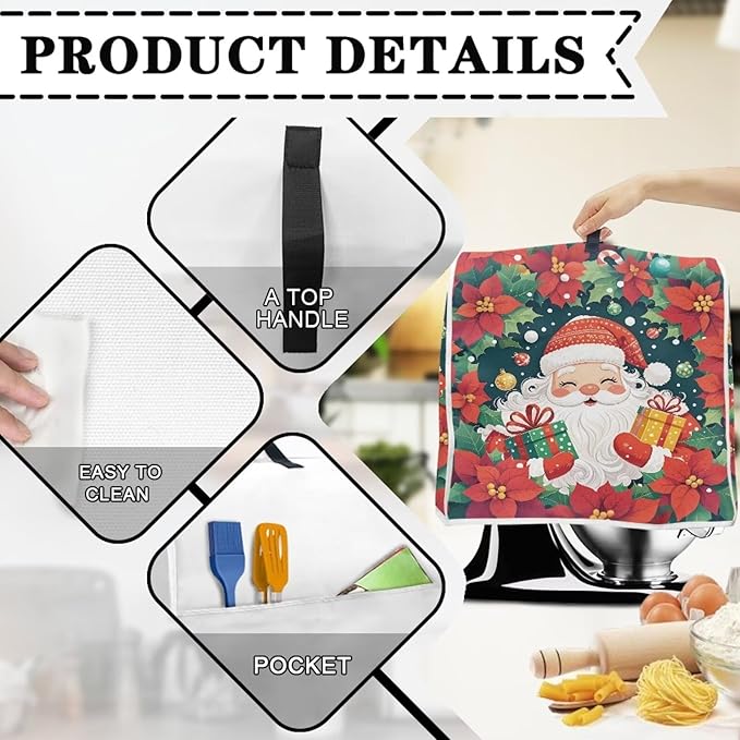 Santa Claus Stand Mixer Cover Dust Protective Poinsettia Stand Mixer Covers For Kitchen Aid 4.5-5 Quart Mixers Dustproof Cloth Cover for Small Appliance Protector Gift for Holiday