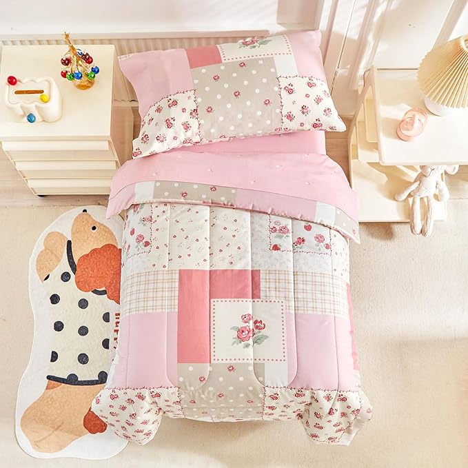 Joyreap 4 Piece Cotton Toddler Bedding Set- Pink Flower Plaids Patchwork Design, Toddler Comforter Set for Girls, Includes Quilted Comforter, Fitted Sheet, Top Sheet, and Pillow Case