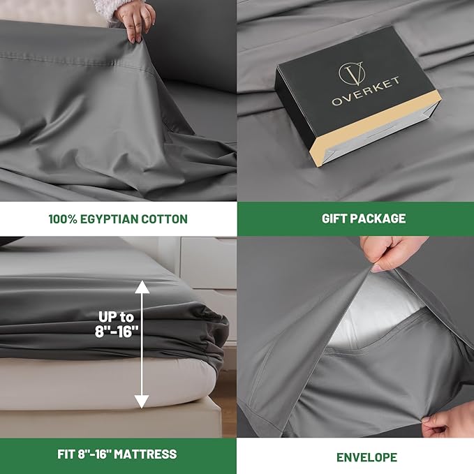 1000 Thread Count Egyptian Cotton Sheets Queen Size Set 4PCS Sateen Weave Soft Breathable 16-Inch Deep Pocket（Queen,Dark Grey）