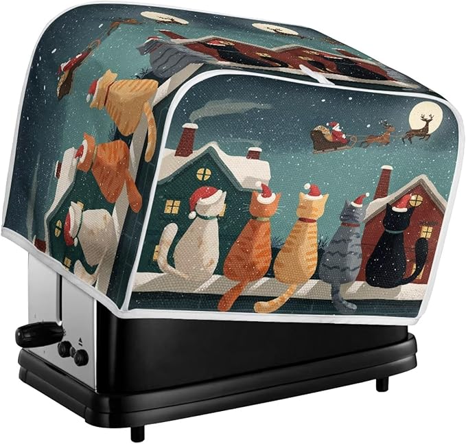 Christmas Cat Printed Toaster Oven Cover for Home 4 Slice Toaster Cover Dirt and Fingerprint Protection Decorative Kitchen Accessories, Blue