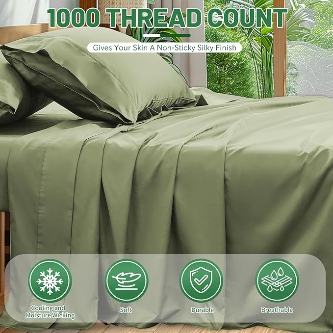 100% Egyptian Cotton Sheets King Size 1000 Thread Count Sateen Weave Soft Breathable 16-Inch Deep Pocket 4PCS（King,Olive Green）