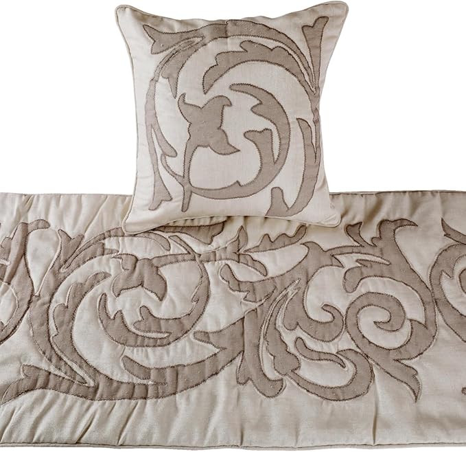 The HomeCentric Decorative Ivory & Beige King 90 x 18 inch Bed Runner Without Pillow Cover, Linen Lurex Applique Bed Scarf, Abstract Modern - Pretty Dainty