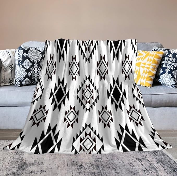 Boho Throw Blanket, Black and White Native Blankets, Vintage Tribal Aztec Printed Flannel Blanket for Chair Bed Sofa Couch 60"x80"