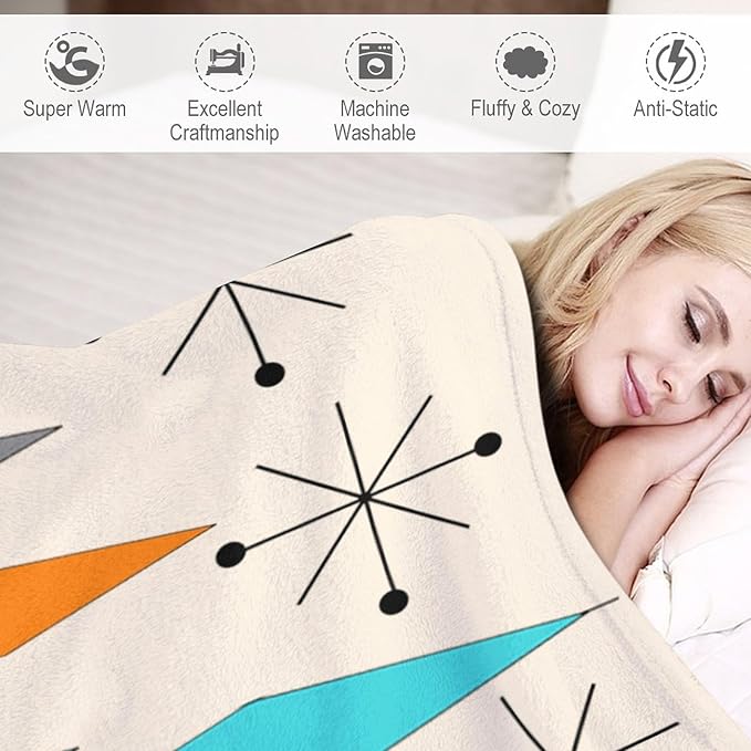 Mid Century Flannel Throw Blankets, Mid Century Modern Geometric Atomic Shapes Orange Retro Style Boho Print Blanket for Bed Couch Sofa Fuzzy Tv Throws 40"x50"