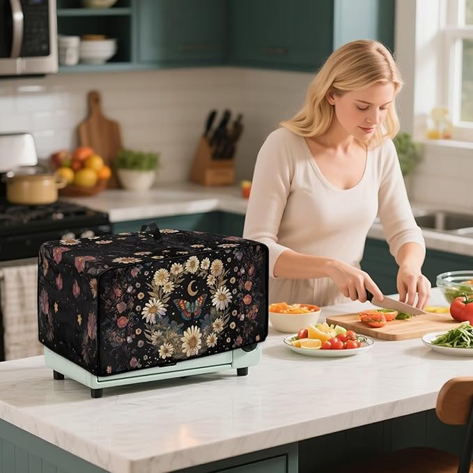 Vintage Daisy Butterfly Moon Print Toaster Oven Cover with Storage Bags Dust Cover for Microwave Oven Polyester-Linen Small Appliance Dust Covers Fits Most Microwaves, L