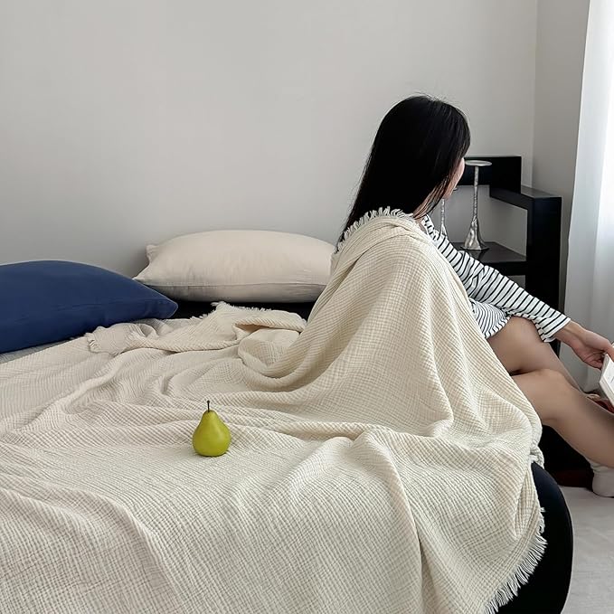 MorroMorn 100% Cotton Muslin Throw Blanket with Fringes 50"x60", 4-Layer Cotton Gauze Blankets for Adults, Boho Bedding Breathable Lightweight Ultra-Soft for Couch Bed Sofa All Seasons, Linen Beige