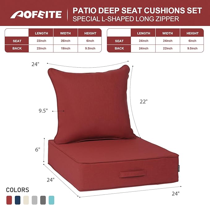 Outdoor 24''x 24''x 6'' Olefin Water-Resistant Deep Seat Cushion Set, Weather and Fade Resistant Patio Furniture Seat Cushion, Thickened Sofa Chair Pad with Straps for Lawn, Garden, Red