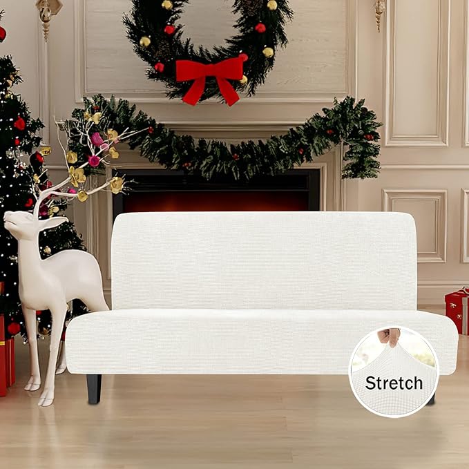 Easy-Going Stretch Futon Slipcover Armless Futon Bed Cover Furniture Protector Without Armrests with Elastic Bottom for Kids, Soft Jacquard Fabric Small Checks (Medium, Cream)