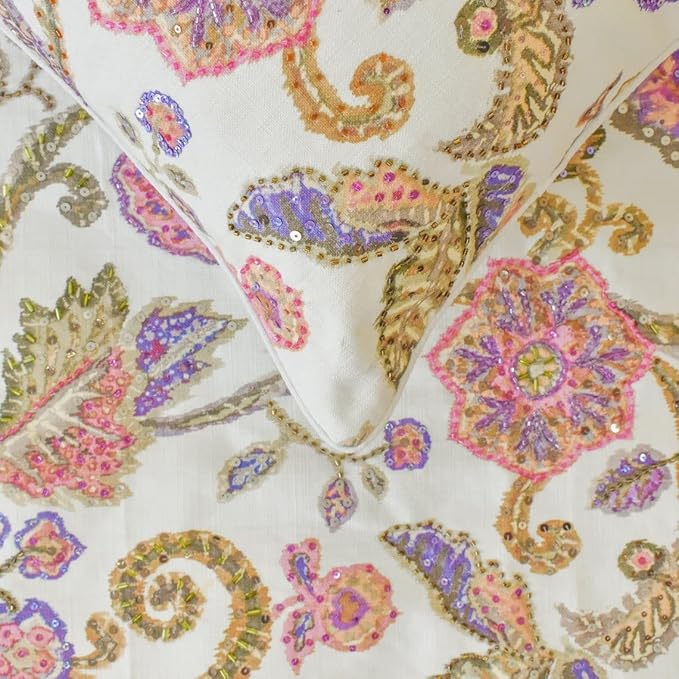 The HomeCentric King/Queen/Twin White & Pink Designer Twin 53"x18" Bed Runner with Pillow Cover, Floral, Printed, Sequins, Beaded, Embroidery & Handmade Bed Scarf on Cotton Fabric - Aster