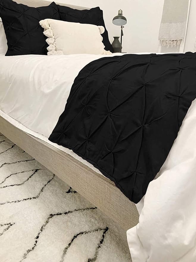 Bed Runner Set - 100% Pure Cotton 800 Thread Count - Luxury 1 Pinch Pleated Bed Runner and 2 Pillow Cover - 3 Piece Pinch Pleated Bed Runner Set Twin, Black