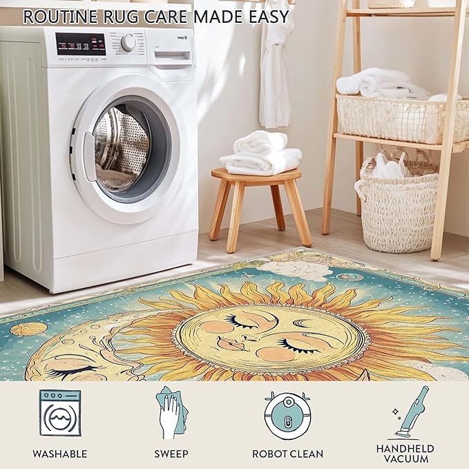 2x3 Sun and Moon Entryway Area Rug Blue Yellow Hippie Celestial Bathroom Rug Non-Slip Machine Washable Low Pile Small Carpet Kitchen Bedroom Door Mat Entrance