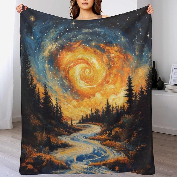 Magic Forest Blanket, Abstract Art Oil Painting Dreamworld River Jungle Sunset Pattern Soft Warm Cozy Plush Flannel Covers for Livingroom Bedroom Couch Chair Camping Travel Home Decor Tapestry 30x40in